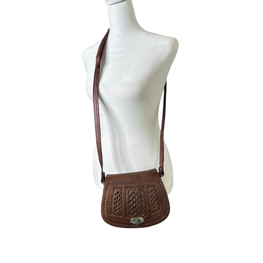 Vintage Moroccan Hand Tooled Brown Leather Crossbody Bag Saddle Purse